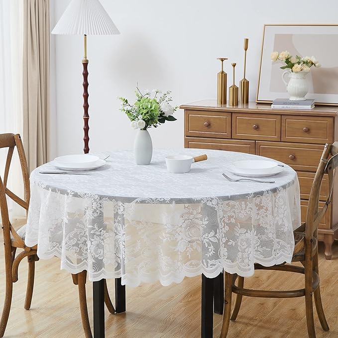 Warm Home Designs 60 Inch Round Tablecloth with English Rose Design. Use as Circle Tablecloth, Rustic Tablecloth or as Elegant Lace Table Cloth. White Table Clothes for 6 Guests. LTC White 60"