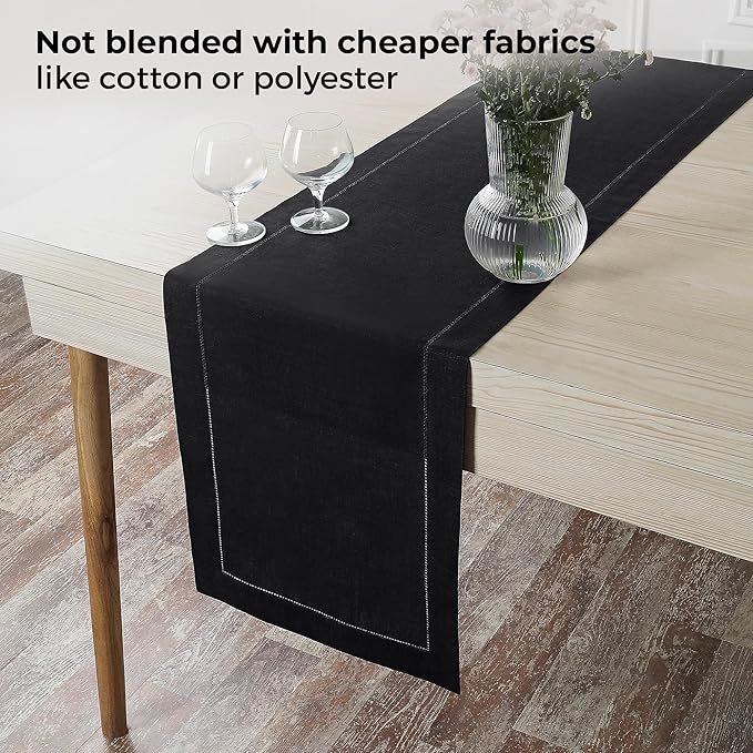 D'Moksha Homes Linen Black Table Runner 90 Inches Long - Classic Hemstitch 100% Pure Linen Dining Table Runner 14 x 90 Inch for Spring, Easter