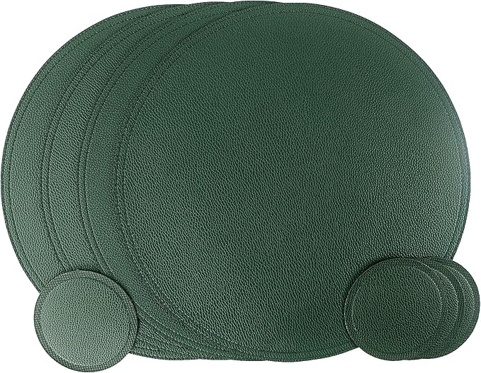 Set of 6 Faux Leather Round Placemats and Coasters, Disko Table Mats and Drink Spills Coasters, Easy to Clean, Double Stitched for Kitchen Dining Table, Diameter 13'' and 3.9''