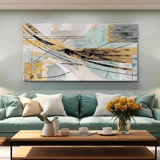Abstract Wall Art Framed Wall Decor Modern Canvas Abstract Wall Art Black-Gold and Blue Grey Abstract Artwork for Living Room Bedroom Dining Room Home Office Decor 24"x48"