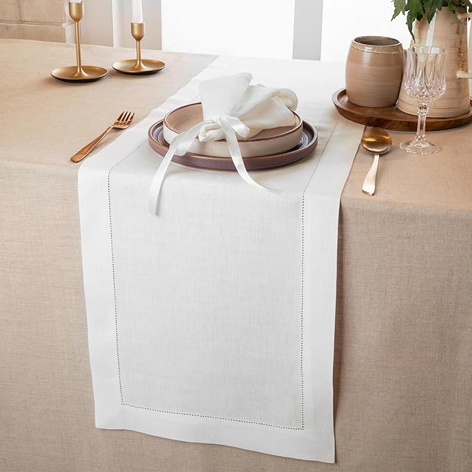 D'Moksha Homes Linen White Table Runner 144 Inches Long - 100% Pure Linen Extra Long Table Runner 14 x 144 Inch for Valentines, Spring, Easter - Classic Hemstitch