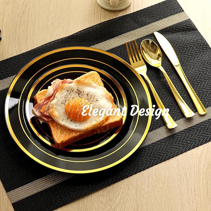 200 PCS Black and Gold Plastic Plates, Party Black Disposable Plates Include 100 10 inch Dinner Plate and 100 7 inch Dessert Plate,black gold rim plates Perfect for Party & Wedding