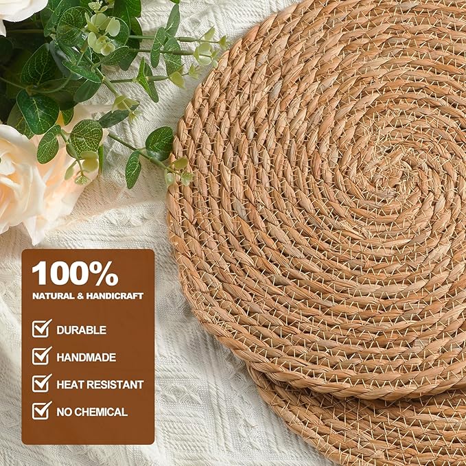 Round Woven Placemats 13 inch Set of 6 - Boho Rattan Placemats Natural Water Hyacinth Placemat, Farmhouse Weave Place Mats, Rustic Braided Wicker Table Mats for Dining Table,Home,Wedding