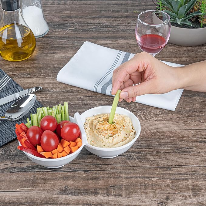Restaurantware Voga 8.5 Ounce Divided Serving Dishes 10 Round Condiment Serving Dishes - 2 Compartments Serve Appetizers Snacks Dips Or Dressings White Melamine 2 Compartment Dishes