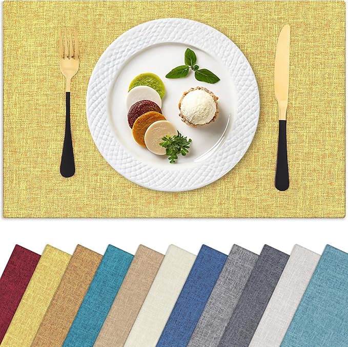 Homaxy Cloths Placemats for Dining Table Set of 8, Heat Resistant Washable Cotton Linen Blend Table Mats, Place Mats for Indoor Outdoor Party Kitchen Decoration, 13" x 19", Mustard Yellow