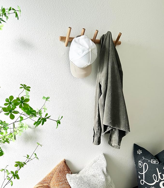 Modern Minimalist Wooden Wall Hook Rack, Solid Ash Wood Coat Rack with 5 Hooks, Wall Mounted Entryway Organizer for Coats, Hats & Bags, 20 lb Capacity