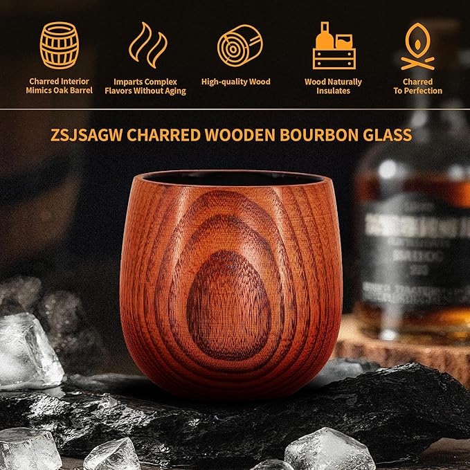 Charred Wooden Bourbon Drinking Glasses Set of 2 | 10oz Handcrafted Whiskey Tumblers with 6 Stones & 2 Leather Coasters | Complete Gift Set for Men, Dad, Groomsmen