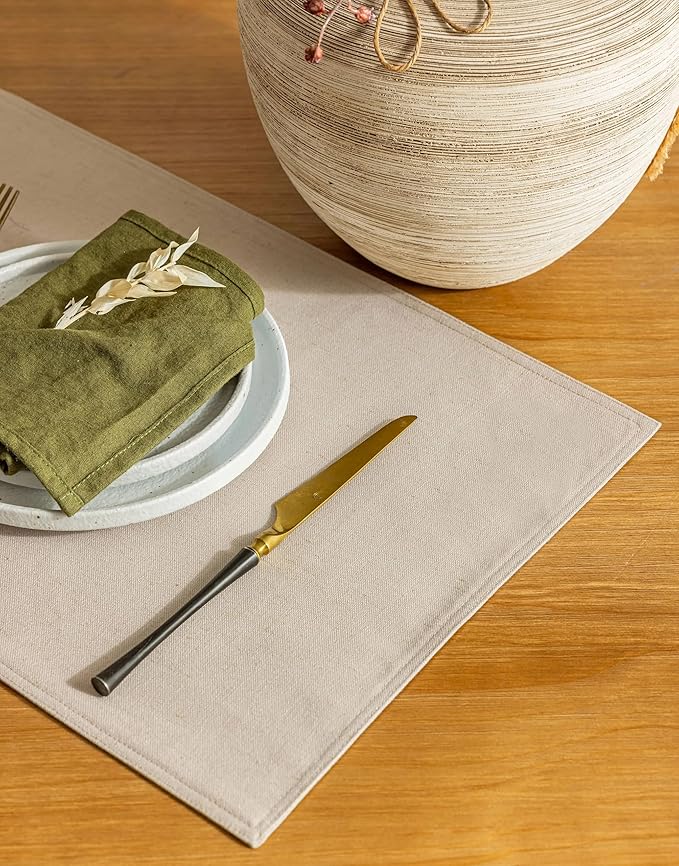 Linen Table Placemats Set of 12 Washable Neutral Beige Dinner Table Mats Modern Farmhouse Rustic Dining Room Decor Heat Resistant Water Repellent 12x18 Inch