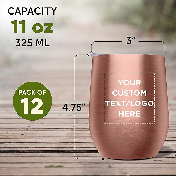 Custom Stemless Wine Glass Tumblers with Lids by Largo 11 oz. Set of 12, Personalized Bulk Pack - Perfect for Wine, Cocktails, Other Hot & Cold Beverages - Rose Gold