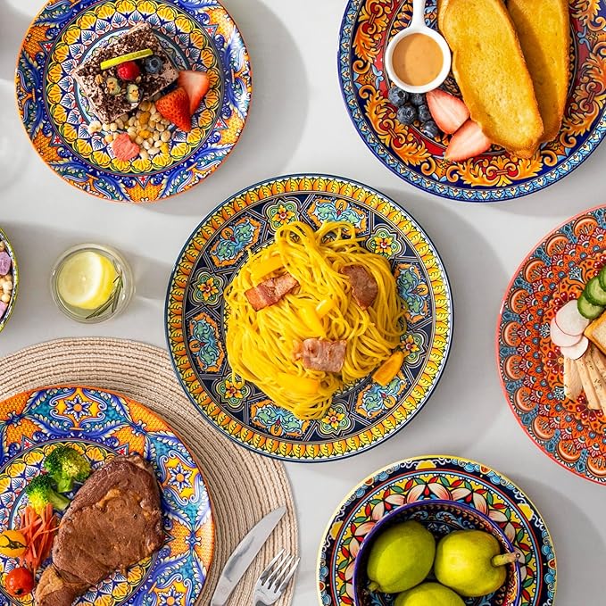 vancasso Bohemian Dinner Plates Set of 6, 10.5 Inch Ceramic Kitchen Plates for Dinner, Colorful Printed Dishes for Dining, Microwave & Dishwasher Safe Plate Set, Series KRVI