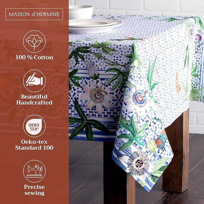 Maison d' Hermine Table Cloth Rectangle Table 100% Cotton 60 x 120 Inches Tablecloth Reusable Decorative for Dining Room Farmhouse Home Valentines Day Decorations Spring Summer - Passiflora