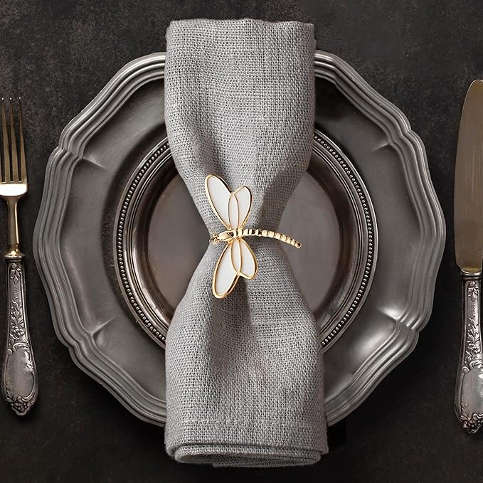 Decozen Set of 8 White Gold Napkin Rings in Dragonfly Design Festive Table Decor Setting for Holiday Wedding, Birthday, Kitchen, Home Decor Housewarming Gift - Mothers Day Decorations