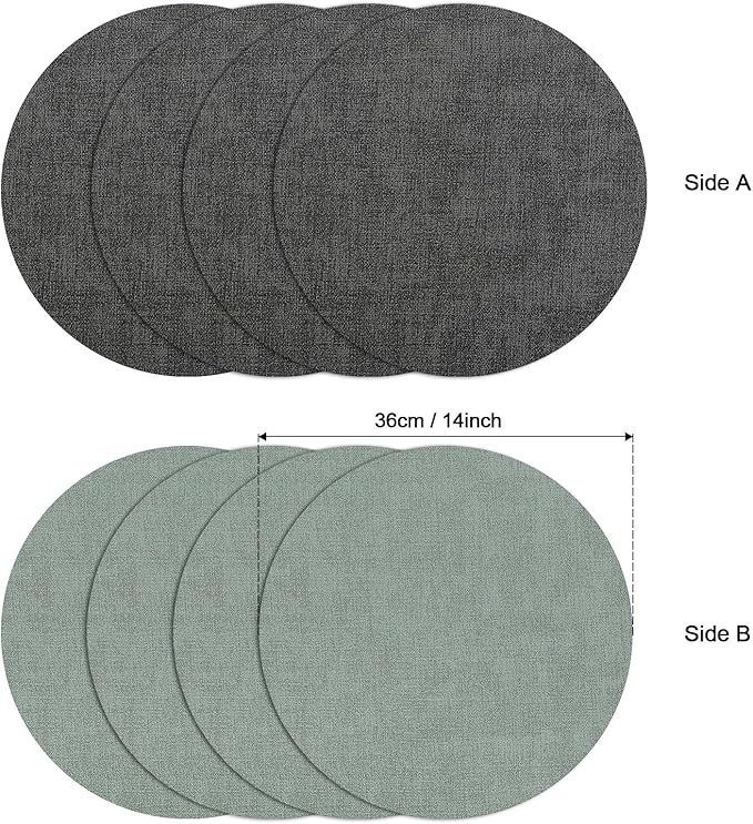 Myir JUN Round Placemats Dual Sided, Faux Leather Place Mats Set of 8 Indoor for Dining Table Outdoor Non-Slip Washable Table Mats (Set of 8, Gray Sage Green)