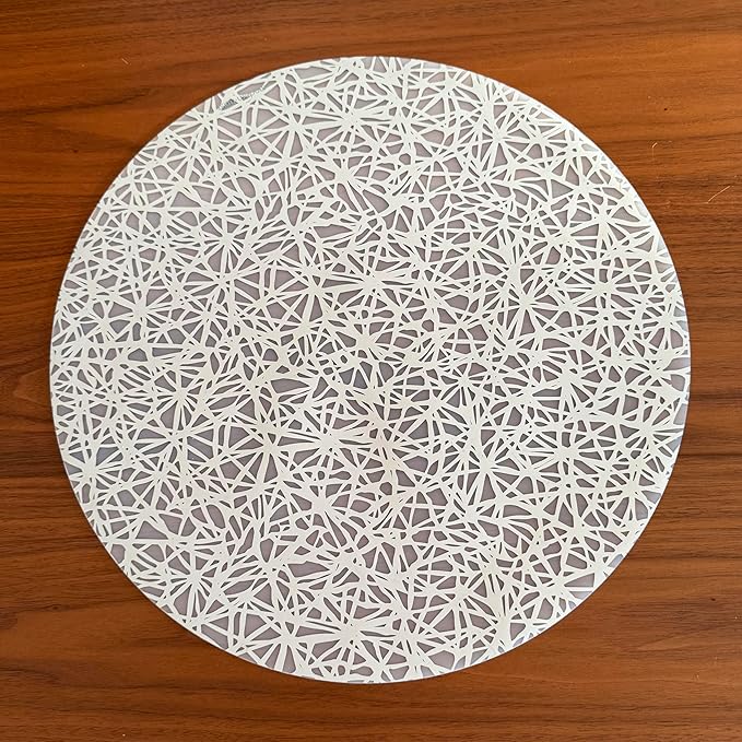 modern-twist 15" Round Silicone Placemat, BPA, PVC-Free Table Mat, Dishwasher Safe, Twine Print in Silver, Pack of 1