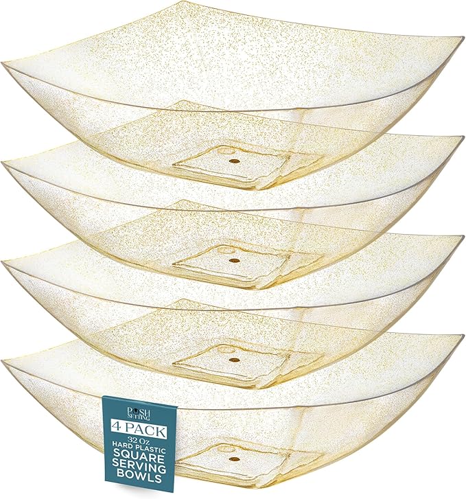 Posh Setting - Gold Glitter Plastic Serving Bowls for Party (32oz - 4 Pack) Square, Disposable, Candy Containers for Candy Buffet