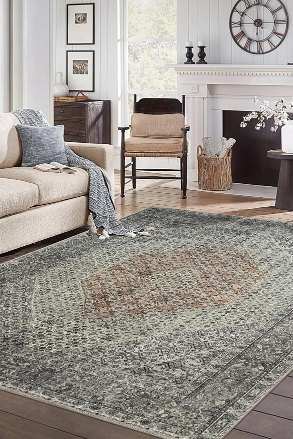 Keen Home Design 9x12 Rug - Machine Washable Area Rug with Non-Slip Backing, Ideal for Living Room, Dining Room, Bedroom - Vintage, Easy Clean, Durable, Low Pile - (9' x 12')