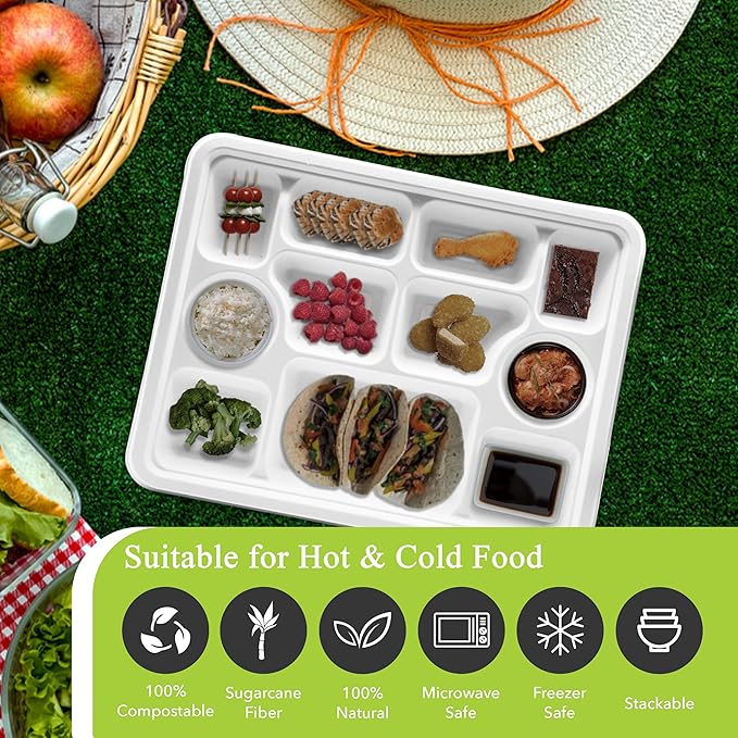 three leaf 11 Compartment Bagasse Rectangular Plate, 25 Ct. PFAS-Free, Heavy Duty, Sugarcane Fiber, Eco Friendly Disposable, 100% Biodegradable, Microwave and Freezer Safe, Ideal for Lunch, Buffet