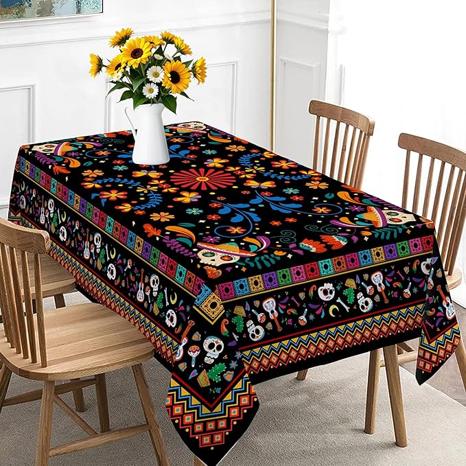 Mexican Tablecloth Rectangle 60 x 84 Inch, Cinco De Mayo Flower Skull Table Cloth Fiesta Indoor Decorations for Dining Room Party