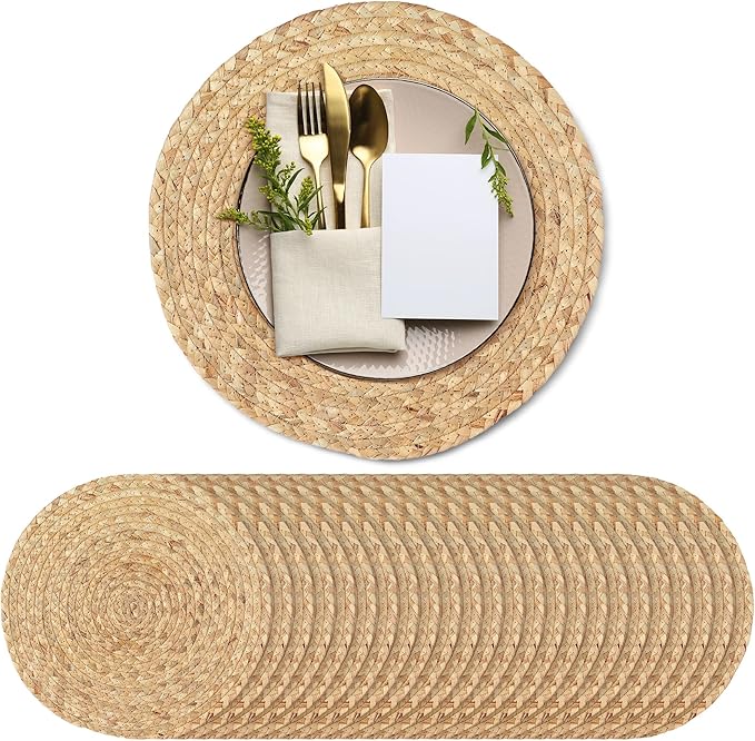 Kochorie Set of 24 Round Woven Placemats 13.5-Inch Natural Water Hyacinth Plant Placemats Hand-Woven Boho Rattan Placemat Wicker Weave Table Mats for Home Dinner Plates Holiday Supplies