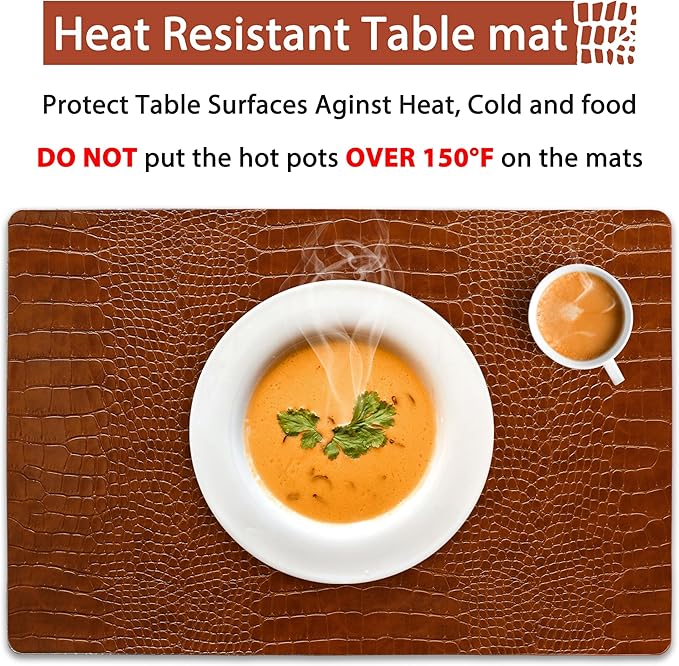 Set of 4 Faux Leather Placemats, PU Table Mats, Waterproof, Stain Resistant, Heat Resistant, Easy to Clean for Kitchen Dining Table,Conference Table