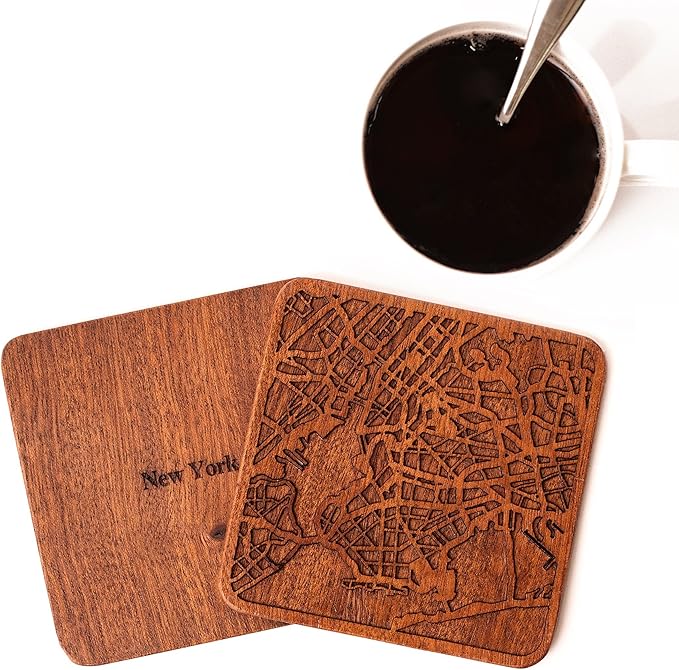 New York Map Coaster by O3 Design Studio, Set Of 4, Sapele Wooden Coaster With City Map, Handmade