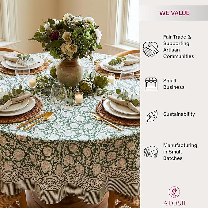 ATOSII Shalimar Green 100% Cotton Round Boho Fall Tablecloth, Handblock Floral Table Cloth Linen for Kitchen Dining I Parties Wedding Outdoors Christmas Thanksgiving I Fall Home Decor 72" Inches Round