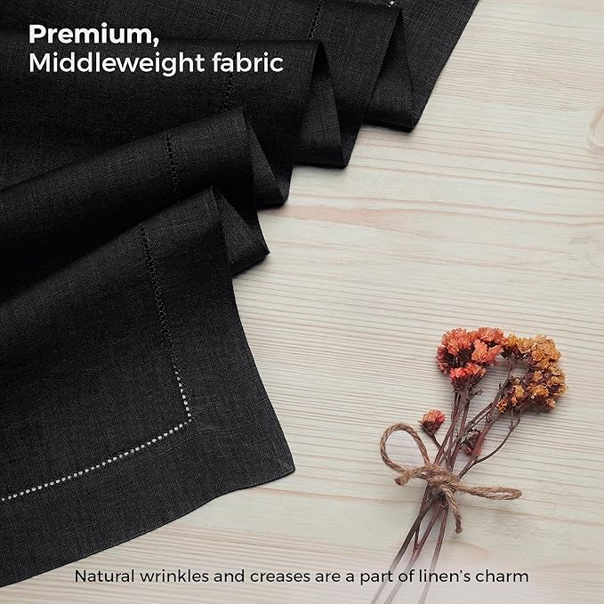 D'Moksha Homes Linen Black Table Runner 144 Inches Long - 100% Pure Linen Extra Long Table Runner 14 x 144 Inch for Spring, Easter - Classic Hemstitch