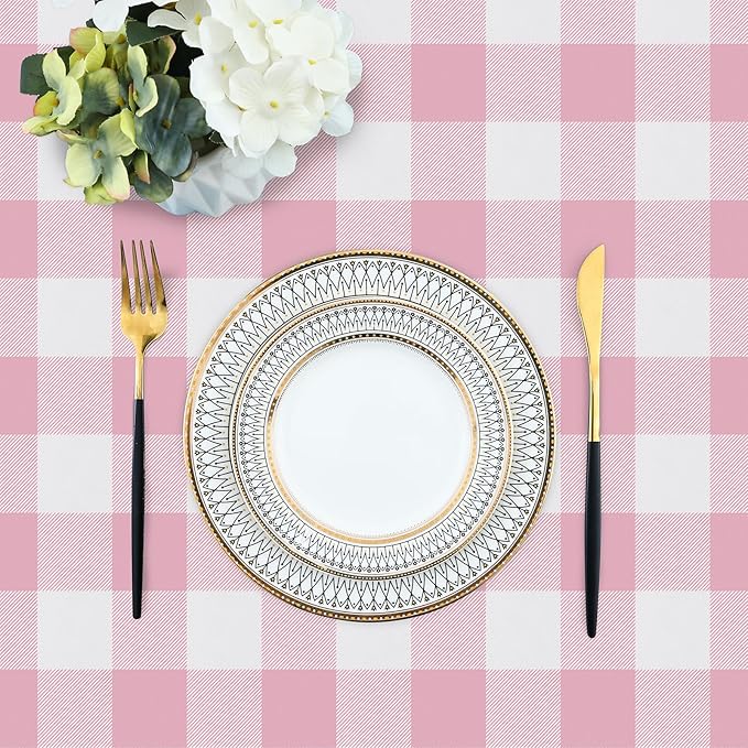 misaya Rectangle Waterproof Vinyl Table Cloth, Buffalo Flannel Backed Tablecloth, Wipeable Plastic Table Cover for Valentine's Day, Dinner, Kitchen, Outdoor (54" x 78", Pink and White)