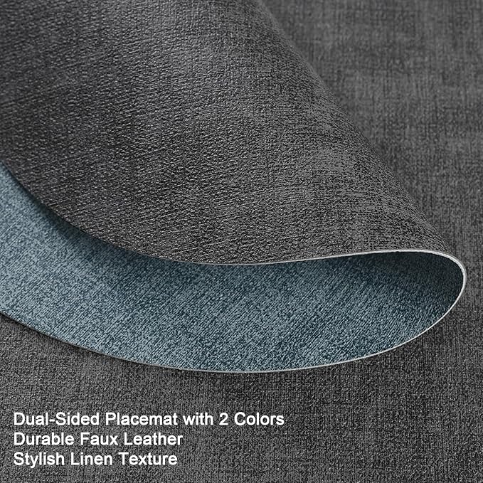 Myir JUN Round Placemats Dual Sided, Faux Leather Place Mats Set of 4 Indoor Placemats for Dining Table Outdoor Placemats Non-Slip Washable Table Mats (Set of 8, Gray Light Blue)