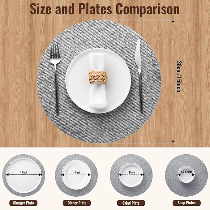 Jovono 15" Faux Leather Big Round Placemats Set of 4 - Washable Heat Resistant Non-Slip Dining Table Mats with Fabric Texture for Kitchen Home Party Decor, Light Gray