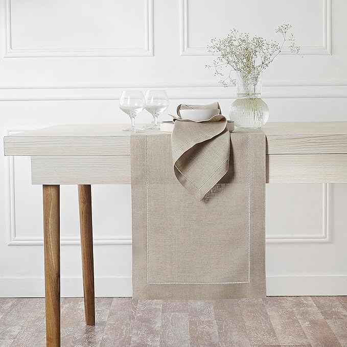 D'Moksha Homes Linen Natural Table Runner 72 Inches Long - 100% Pure Linen Hemstitch Table Runner 14 x 72 Inch for Dresser, Dining, Valentines, Spring, Easter - Classic Hemstitch