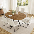 Extendable Round Dining Table Set for 6 People, 43.3"-59.1" Extendable Kitchen Table with 6 Upholstered Chairs, Space Saving for Kitchen Dining Room (Walnut Table+6 U-Shaped White Chairs)