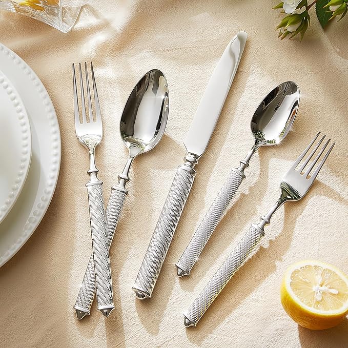KINGSTONE Retro Rope-Pattern Silverware Set, 20-Piece Flatware Set Cutlery Set Forged with Handcrafted Texture Handles 18/10 Stainless Steel, Dishwasher Safe
