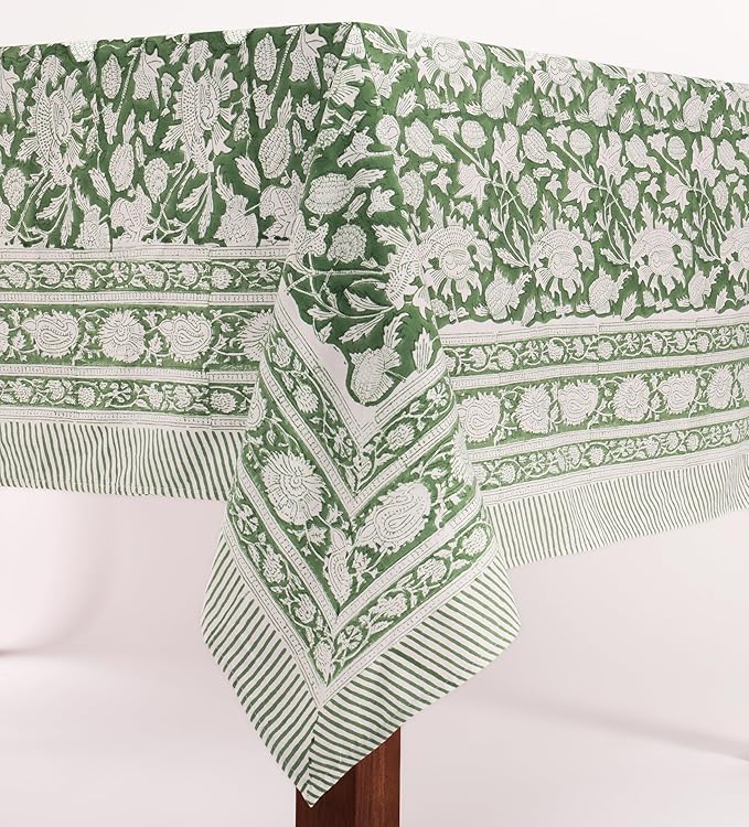 ATOSII Meraki Green 100% Cotton Fall Tablecloth, Handblock Print Rectangle Table Cover for Kitchen Dining Linen I Parties, Thanksgiving, Christmas, Wedding, Table Cloth I 72 X 140 Inches I 12 Seater