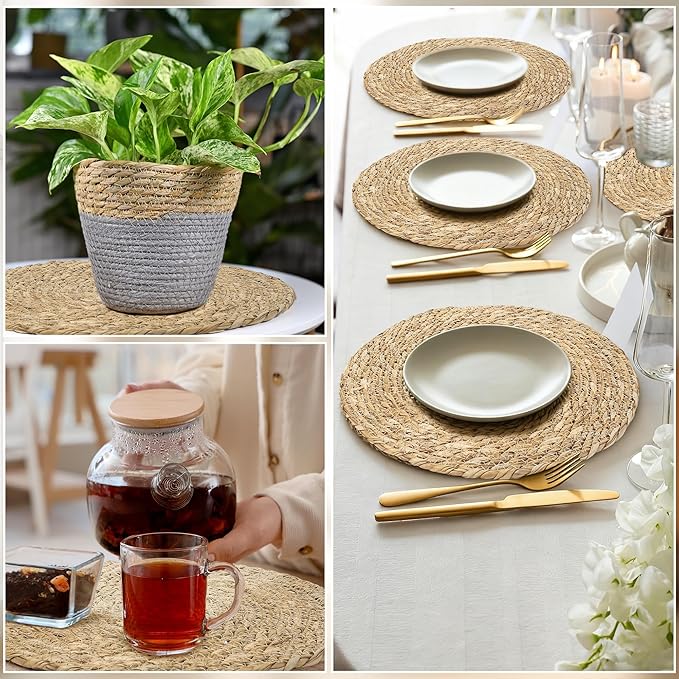 Elcoho 10 Pieces Round Woven Placemats 13.8 Inch Boho Rattan Placemats Farmhouse Braided Place Mats Woven Plate Chargers Rustic Wicker Table Mats for Dining Table