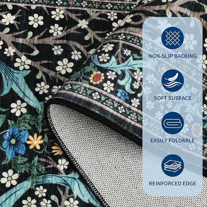 GarveeHome 8x10 Area Rugs, Washable Rugs for Living Room Non Slip Stain Resistant Ultra Soft Floral Rug, Boho Carpet Floor Mat for Bedroom Dining Room Nursery Playroom Office, Black