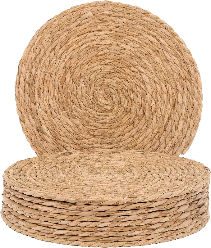 GENMOUS Woven Placemats Set of 10,12" Round Placemats Natural Water Hyacinth Boho Placemats,Farmhouse Rattan Chargers for Dinner Plates,Rustic Braided Wicker Table Mats for Dining Table,Home,Wedding