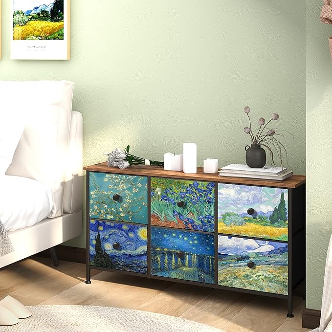 EXOTICA 6 Drawer Dresser for Bedroom Van Gogh Chest of Drawers Wide TV Stands Fabric Storage Drawer Unit for Living Room Entryway Closet Sturdy Steel Frame Wood Top