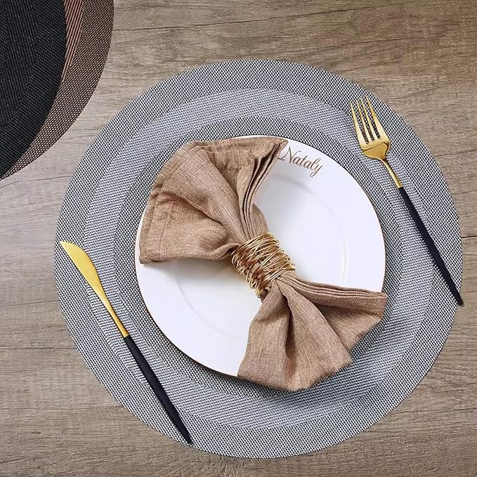 PIGCHCY Round Placemat Set of 8 Vinyl Washable Kitchen 15 inch Table Placemats for Wedding Holiday Party (8pcs Round, Deep Silver)