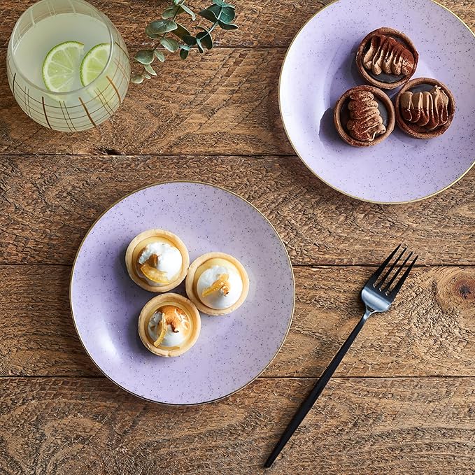 PLASTICPRO 30 Pack Disposable Plastic Plates Heavyweight Granite Look Elegant 7 inch Dinner Plates Purple with Gold Rim