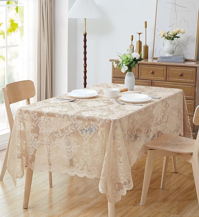 Warm Home Designs 60 x 84 Lace Tablecloth. Gold Linen Rectangle Tablecloth with English Rose Design. Rectangular Tablecloth, Rustic Tablecloth or Dining Table Cover for 6-8 Guests. LTC Linen 84"