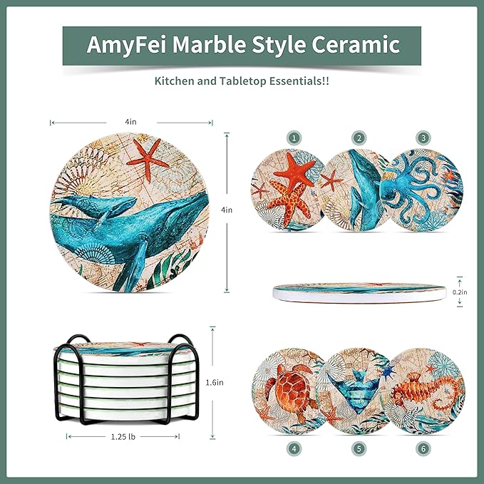 Round Absorbent Ceramic Stone Coasters, Sea Ocean Life Drinks Coasters Sets of 6, Coastal Decor Beach Theme Tropical for House Apartment Kitchen Bar Decor, Wooden Table, Coffee Table(4 Inches)