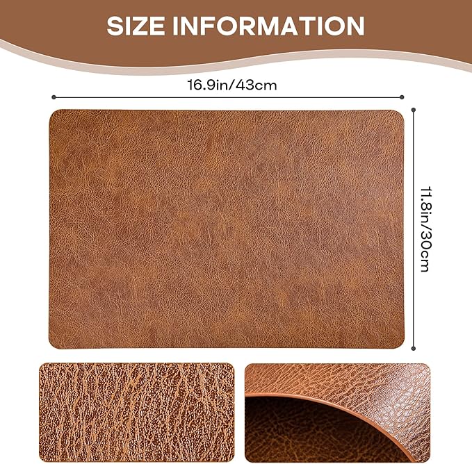 Faux Leather Placemats Set of 6, Washable Place Mats, Wipeable Waterproof Oil-Proof Heat Resistant Table Mats, Vinyl Placemats Rectangular Place Mat for Table Indoor Outdoor (Reddish Brown)