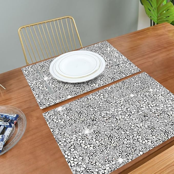 Silver Placemat Heat Resistant Square Trivet With Rhinestone Decor - Crushed Diamond Bling Sparkly Mat Set of 1