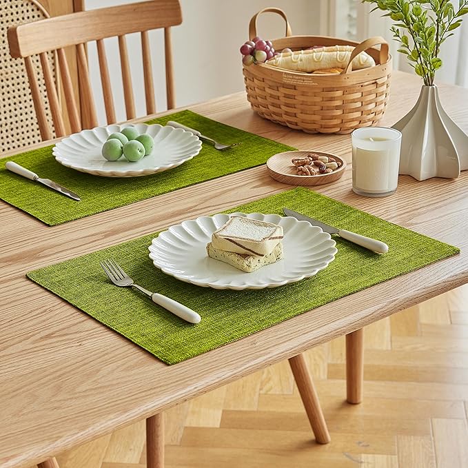 Softalker Faux Linen Placemats Set of 4-12 x 18 Inch, Heat Resistant Double Layered Durable Burlap Farmhouse Place Mats, Non-Slip Washable Rustic Table Mats for Dining, Kitchen, Party（Lime Green