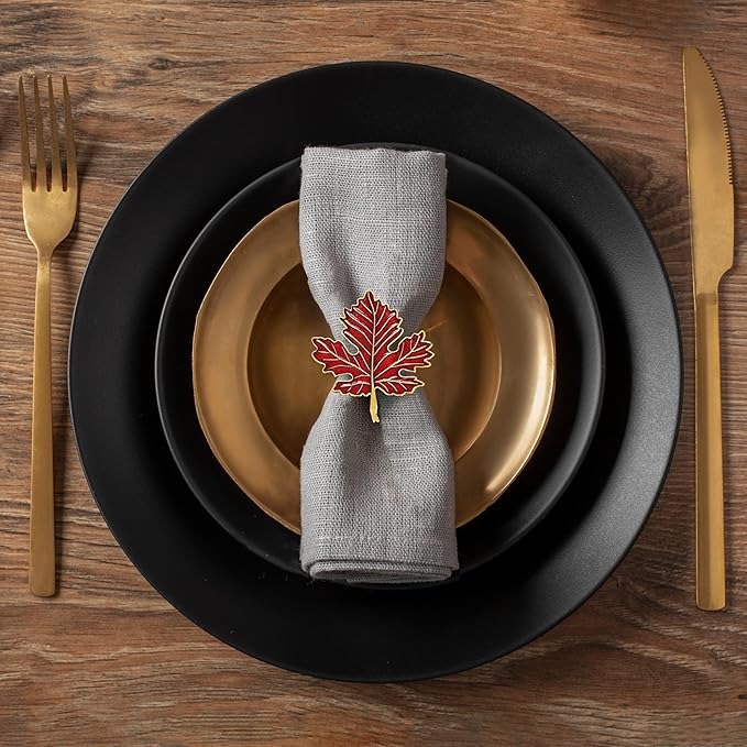 Decozen Set of 12 Red Gold Napkin Rings in Leaf Design, Festive, Table Decor Setting for Holiday, Wedding, Birthday, Kitchen, Home Decor, Housewarming Gift - Thanksgiving & Christmas Gift Decoration