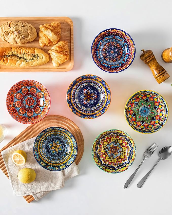 vancasso Boho Cereal Bowls Set of 6, 26 oz Ceramic Soup Bowls with Colorful Bohemian Pattern, Microwave & Dishwasher Safe Serving Bowls for Salad, Oatmeal, Pasta, KRVI Series