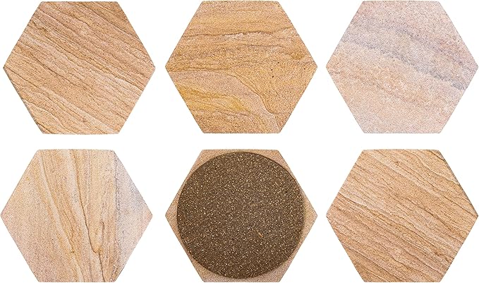 Sandstone Water Absorbent Hand Crafted Hexagon Coasters for Drinks - 4 Inches Wide Thirsty Stone Bar/Drink Coasters- Made from Rainbow Sandstone (Set of 6 Without Holder)