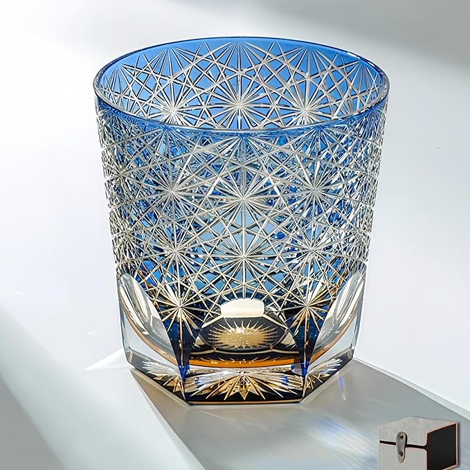suigetsu Edo style Color Hand Cut Crystal Glass Tumbler Whisky Gass 11 Oz Glassware with Luxury Gift Box,Cocktail-Vodka-Beer Drinkingware Glasses In Gift Carton (Blue Daisy)