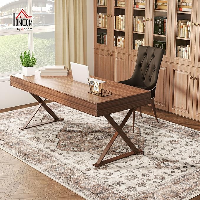 HOMCOM Washable Area Rug, 8'x10' Vintage Indoor Distressed Carpet, Retro Floor Cover Foldable, Floral Print Mat for Living Room, Bedroom, Dining Room, Tan